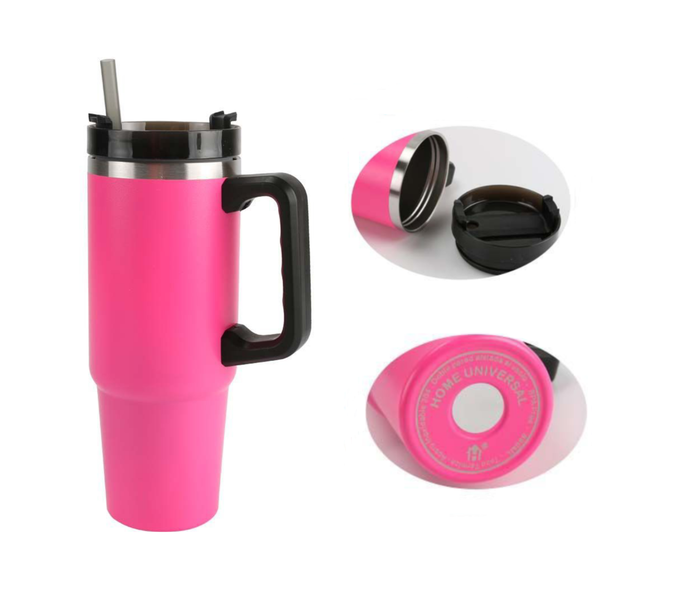 Home Universal® 890ML - Taza de Viaje con Tapa y Pajita para Coche | Taza Térmica de Café con Aislamiento de Doble Pared | Acero Inoxidable (Rosa Chicle)