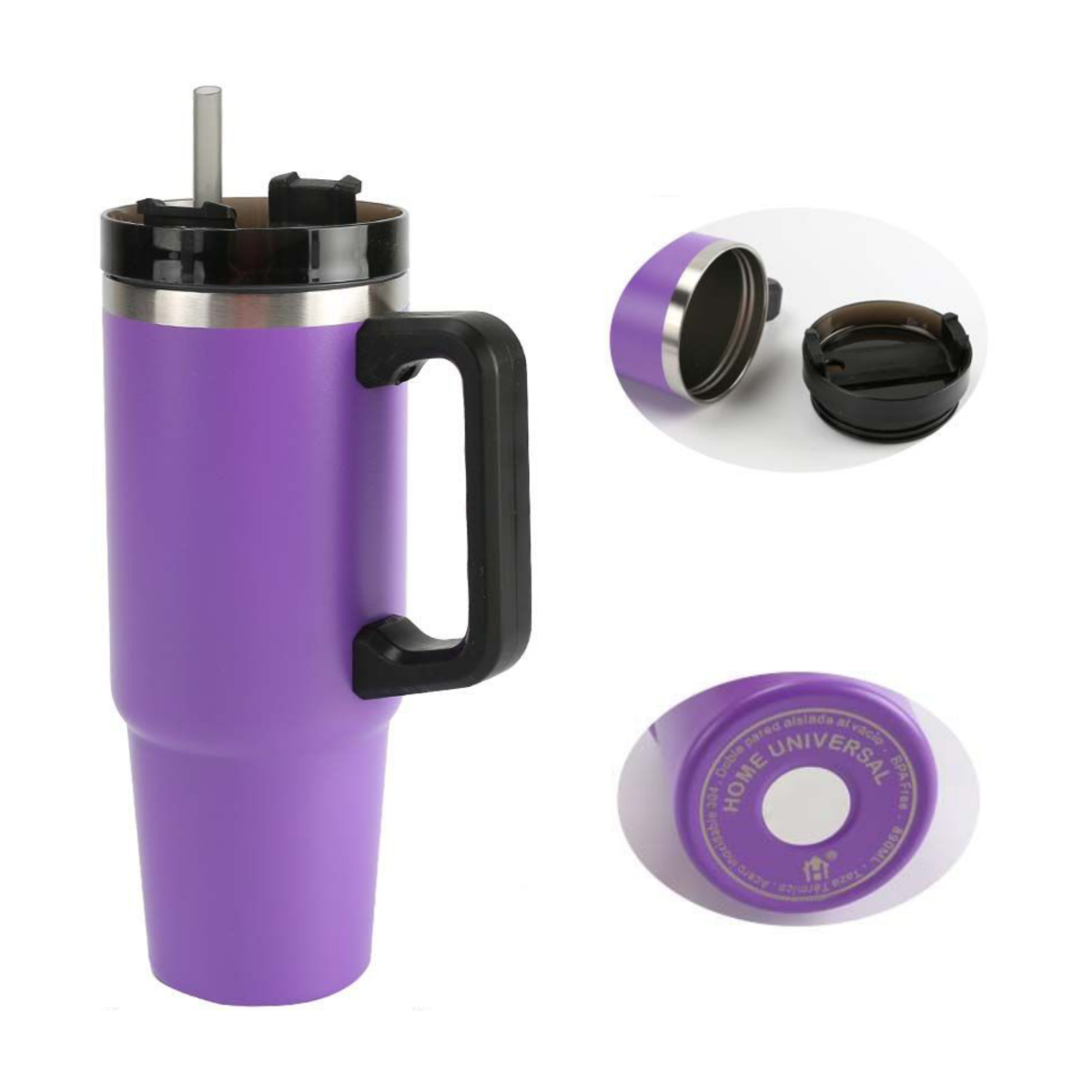 Home Universal® 890ML - Taza de Viaje con Tapa y Pajita para Coche | Taza Térmica de Café con Aislamiento de Doble Pared | Acero Inoxidable (Violeta)