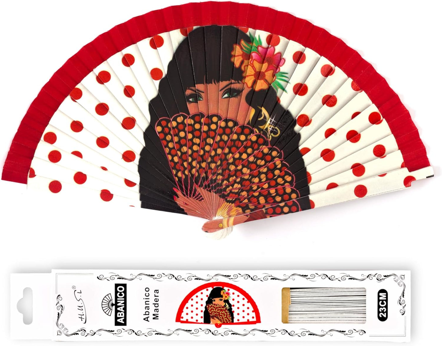 Home Universal ® Abanicos 23CM 1 pieza DE Madera Lisa con Tela DE Marfil, Abanico DE Madera Adornado, Abanico Original (Chica Flamenca)