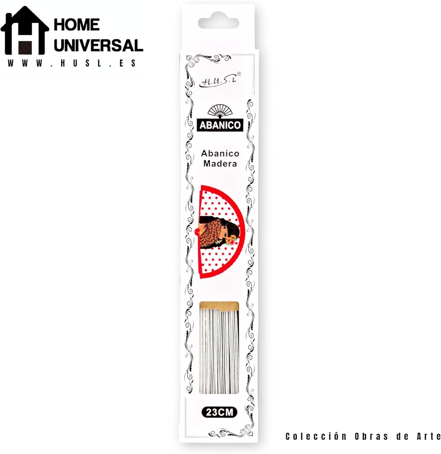 Home Universal ® Abanicos 23CM 1 pieza DE Madera Lisa con Tela DE Marfil, Abanico DE Madera Adornado, Abanico Original (Chica Flamenca)