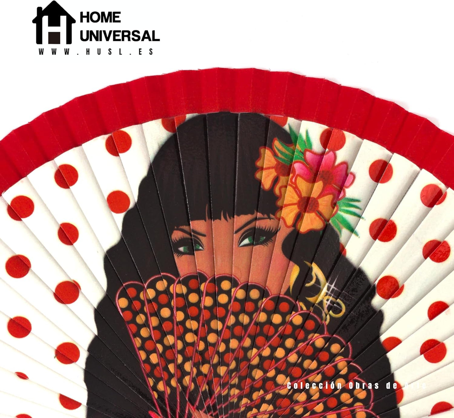 Home Universal ® Abanicos 23CM 1 pieza DE Madera Lisa con Tela DE Marfil, Abanico DE Madera Adornado, Abanico Original (Chica Flamenca)