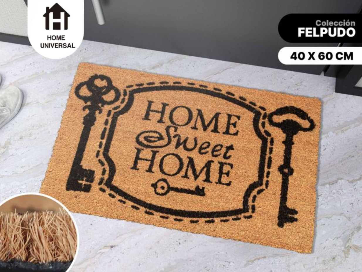 Home Universal ® Felpudos 60x40CM Fibra de Coco | Base Antideslizante de Caucho | Apto para el Exterior (HOME SWEET HOME) LLAVE