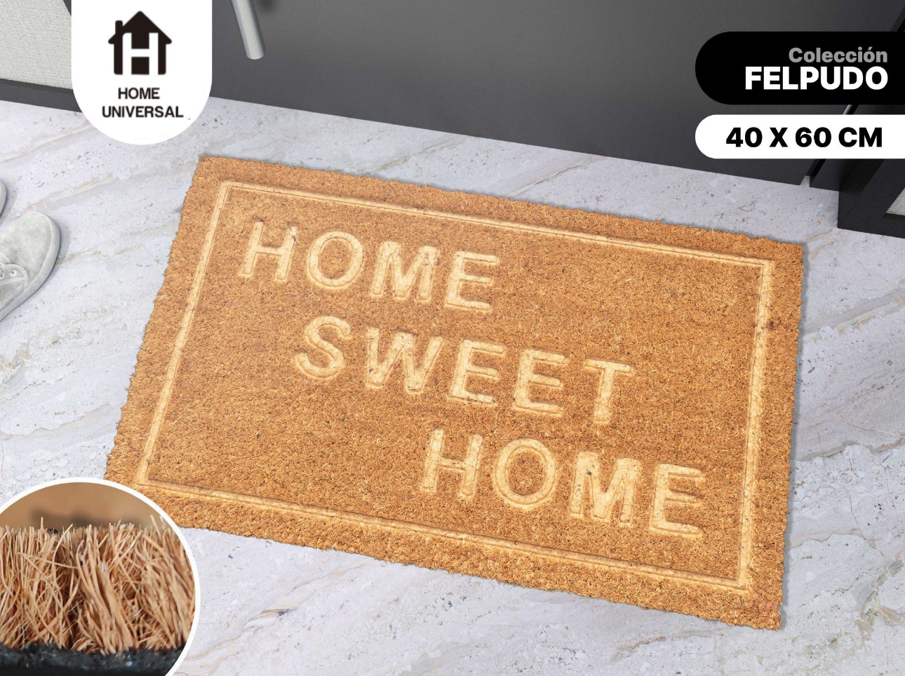 Home Universal ® Felpudos 60x40CM Fibra de Coco | Base Antideslizante de Caucho | Apto para el Exterior (HOME SWEET HOME) Beige cuadrado