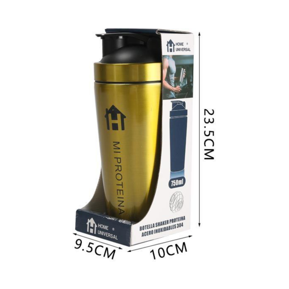 Home Universal® 750ML Botella Gim Shaker de Acero Inoxidable | BPA Free con Mezclador de Tapa Integrado | Vaso Gimnasio con Medidor | Apto para Lavavajillas | Vaso Proteína (Oro)