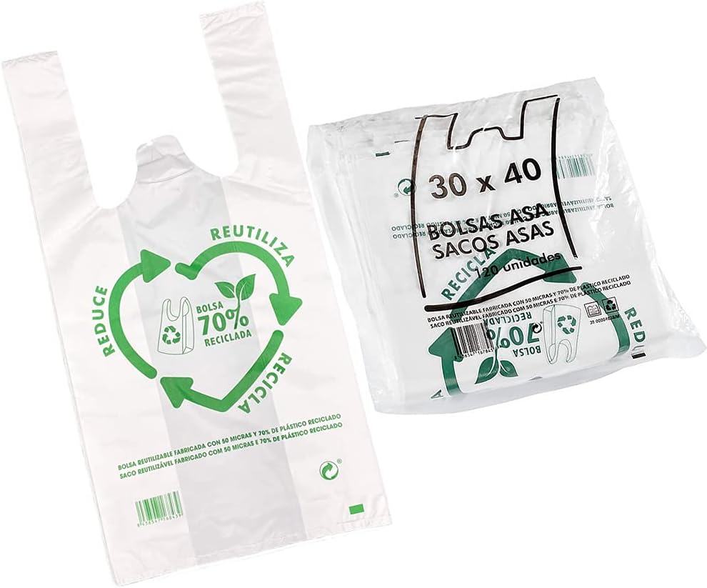 120u Bolsas De Plástico Reciclado, Resistentes, Reutilizables de Galga 200, Cumple Normativas, Aptas Uso Alimentario (30x40cm)