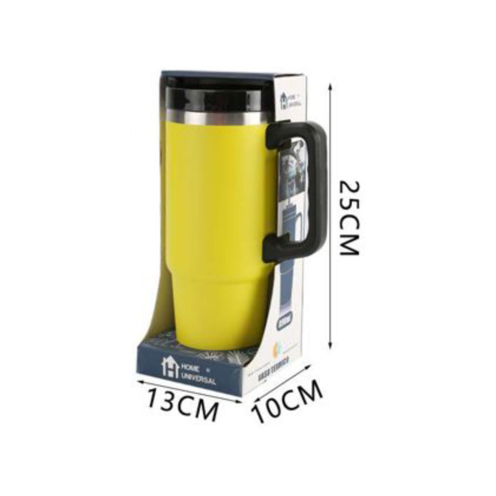 Home Universal® 890ML - Taza de Viaje con Tapa y Pajita para Coche | Taza Térmica de Café con Aislamiento de Doble Pared | Acero Inoxidable (Amarillo)