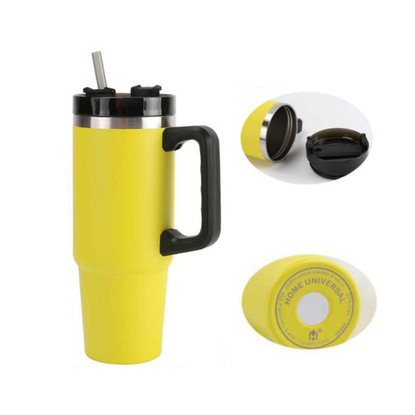 Home Universal® 890ML - Taza de Viaje con Tapa y Pajita para Coche | Taza Térmica de Café con Aislamiento de Doble Pared | Acero Inoxidable (Amarillo)