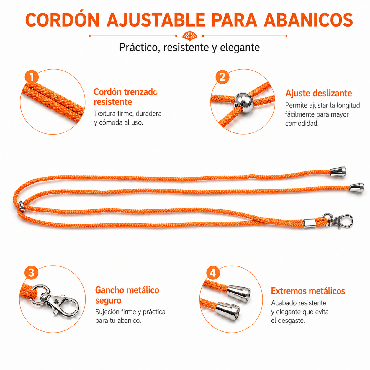 Home Universal ® Pack 6/12 Unidades Cordón Colgador para Abanico 1,2 m, Correa Ajustable con Gancho Metálico, Cinta para Colgar Abanicos, Accesorio para Bodas, Fiestas, Comuniones y Eventos (Naranja)