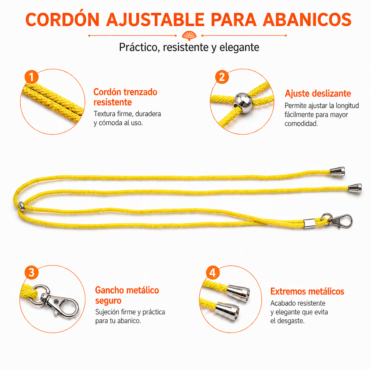 Home Universal ® Pack 6/12 Unidades Cordón Colgador para Abanico 1,2 m, Correa Ajustable con Gancho Metálico, Cinta para Colgar Abanicos, Accesorio para Bodas, Fiestas, Comuniones y Eventos (Amarillo)