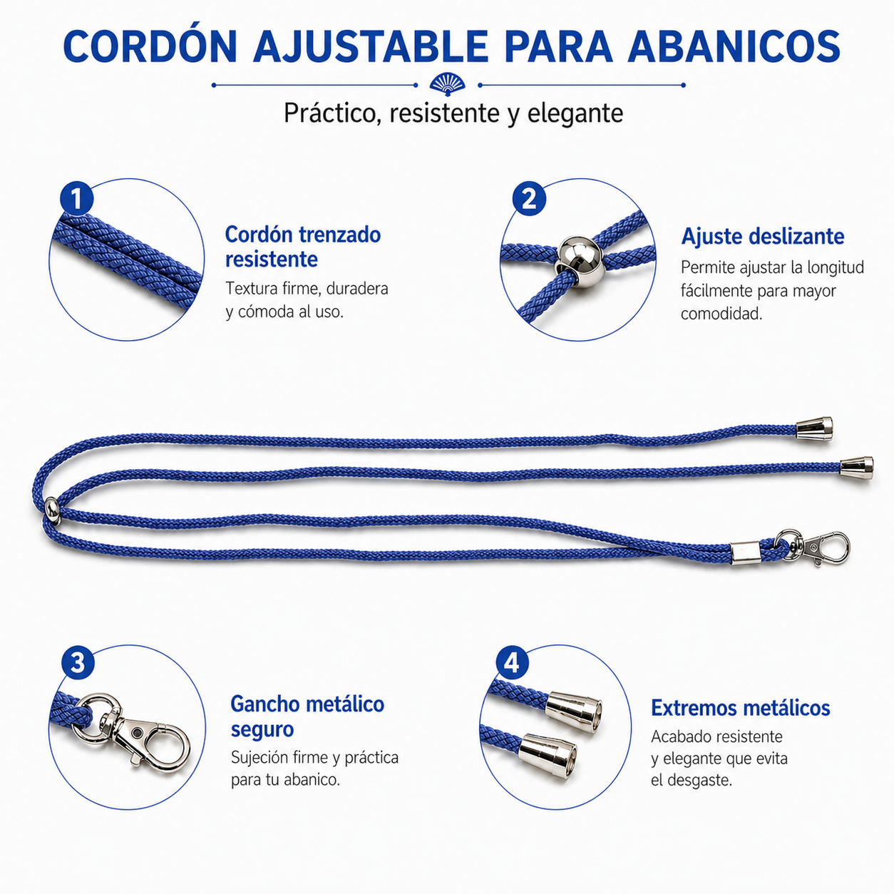 Home Universal ® Pack 6/12 Unidades Cordón Colgador para Abanico 1,2 m, Correa Ajustable con Gancho Metálico, Cinta para Colgar Abanicos, Accesorio para Bodas, Fiestas, Comuniones y Eventos (Azul)
