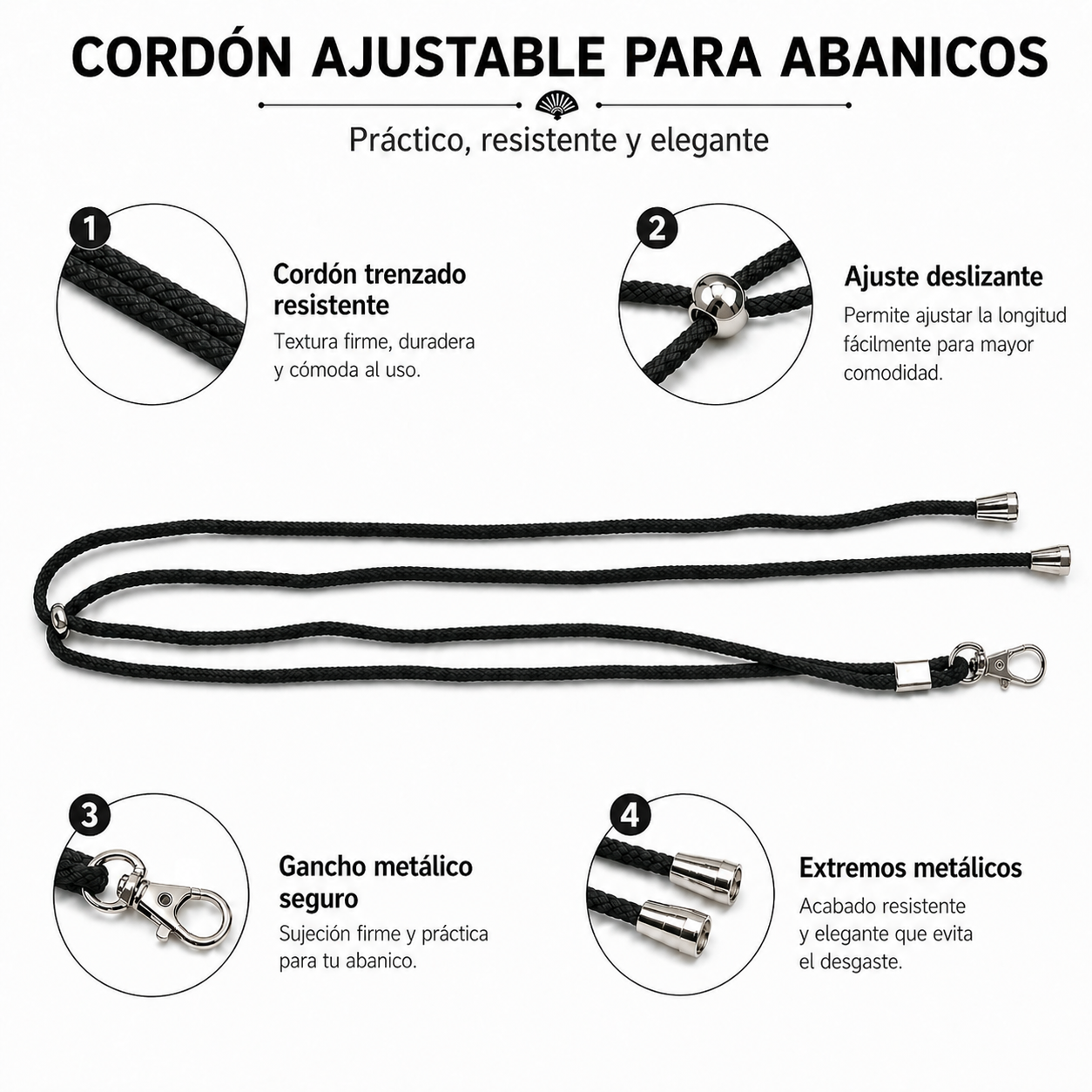 Home Universal ® Pack 6/12 Unidades Cordón Colgador para Abanico 1,2 m, Correa Ajustable con Gancho Metálico, Cinta para Colgar Abanicos, Accesorio para Bodas, Fiestas, Comuniones y Eventos (Negro)
