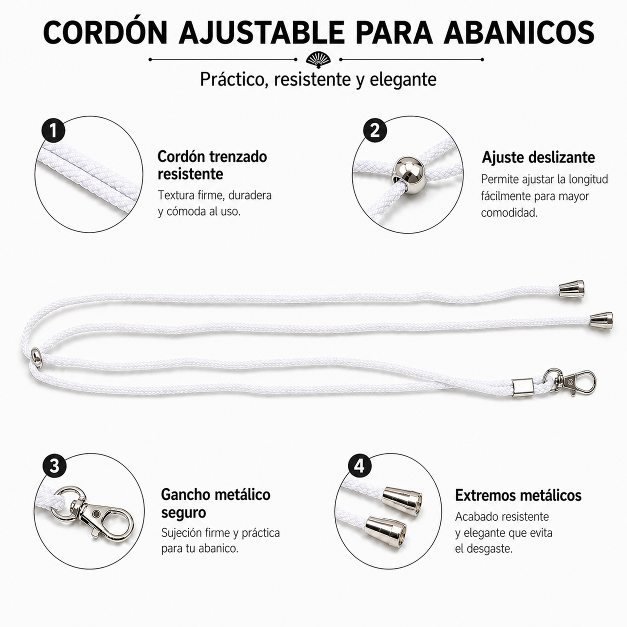 Home Universal ® Pack 6/12 Unidades Cordón Colgador para Abanico 1,2 m, Correa Ajustable con Gancho Metálico, Cinta para Colgar Abanicos, Accesorio para Bodas, Fiestas, Comuniones y Eventos (Blanco)
