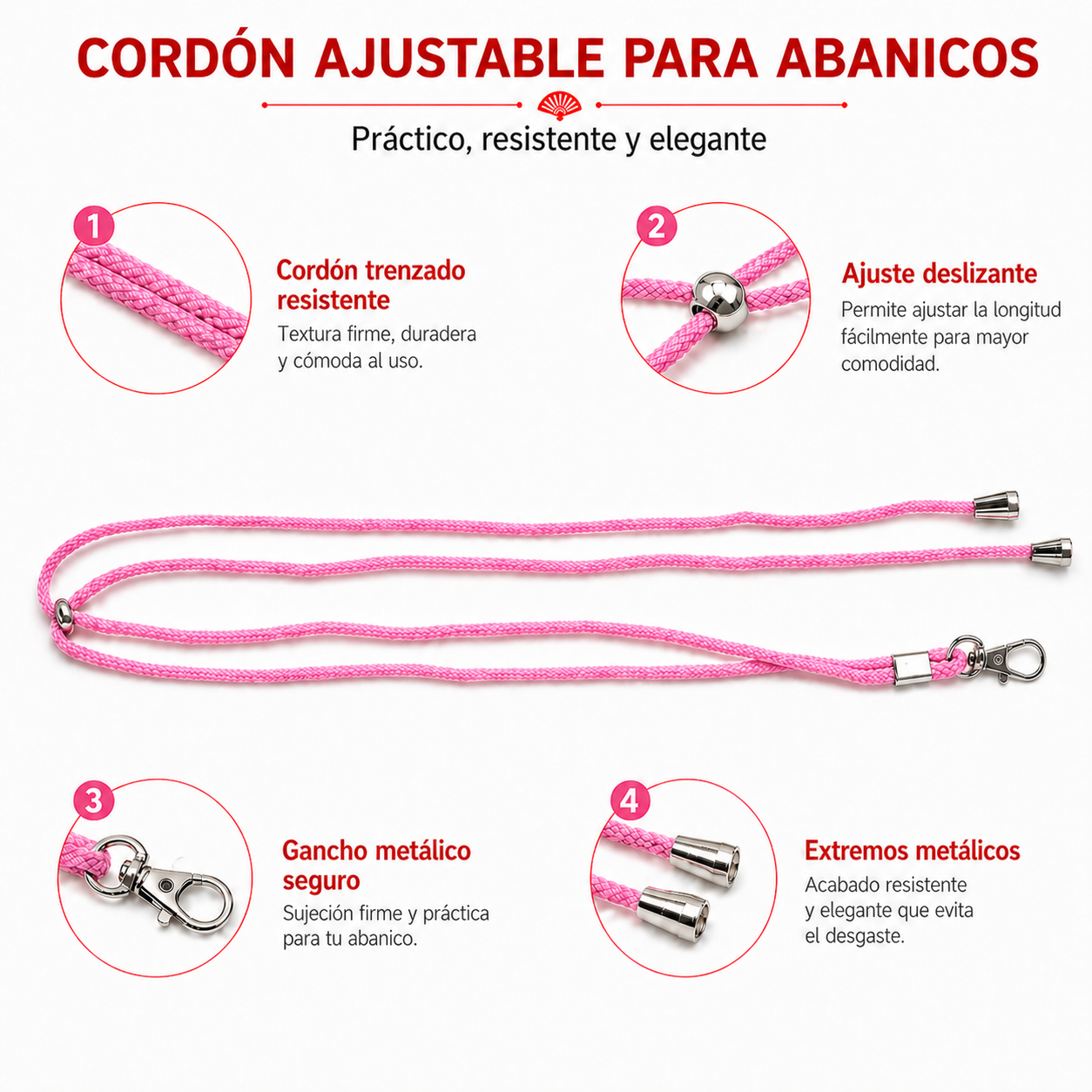 Home Universal ® Pack 6/12 Unidades Cordón Colgador para Abanico 1,2 m, Correa Ajustable con Gancho Metálico, Cinta para Colgar Abanicos, Accesorio para Bodas, Fiestas, Comuniones y Eventos (Rosa)