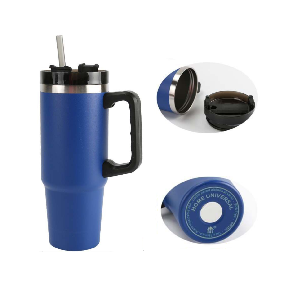 Home Universal® 890ML - Taza de Viaje con Tapa y Pajita para Coche | Taza Térmica de Café con Aislamiento de Doble Pared | Acero Inoxidable (Azul Marino)