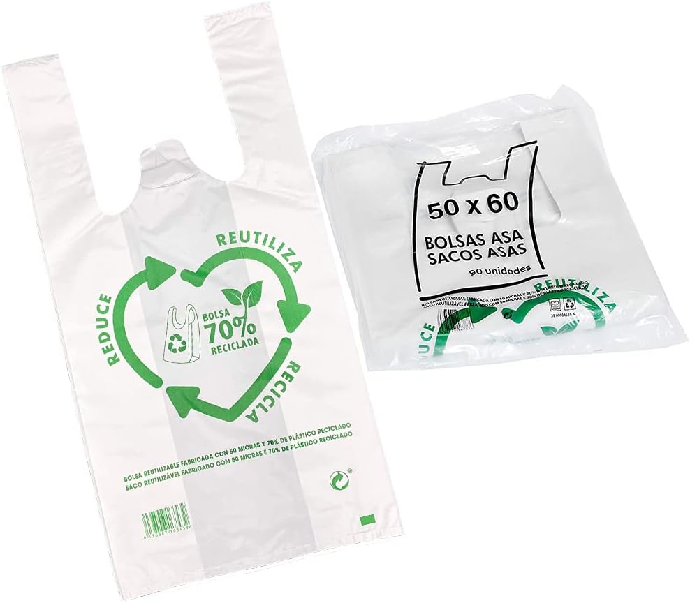 90u Bolsas De Plástico Reciclado, Resistentes, Reutilizables de Galga 200, Cumple Normativas, Aptas Uso Alimentario (50x60cm)
