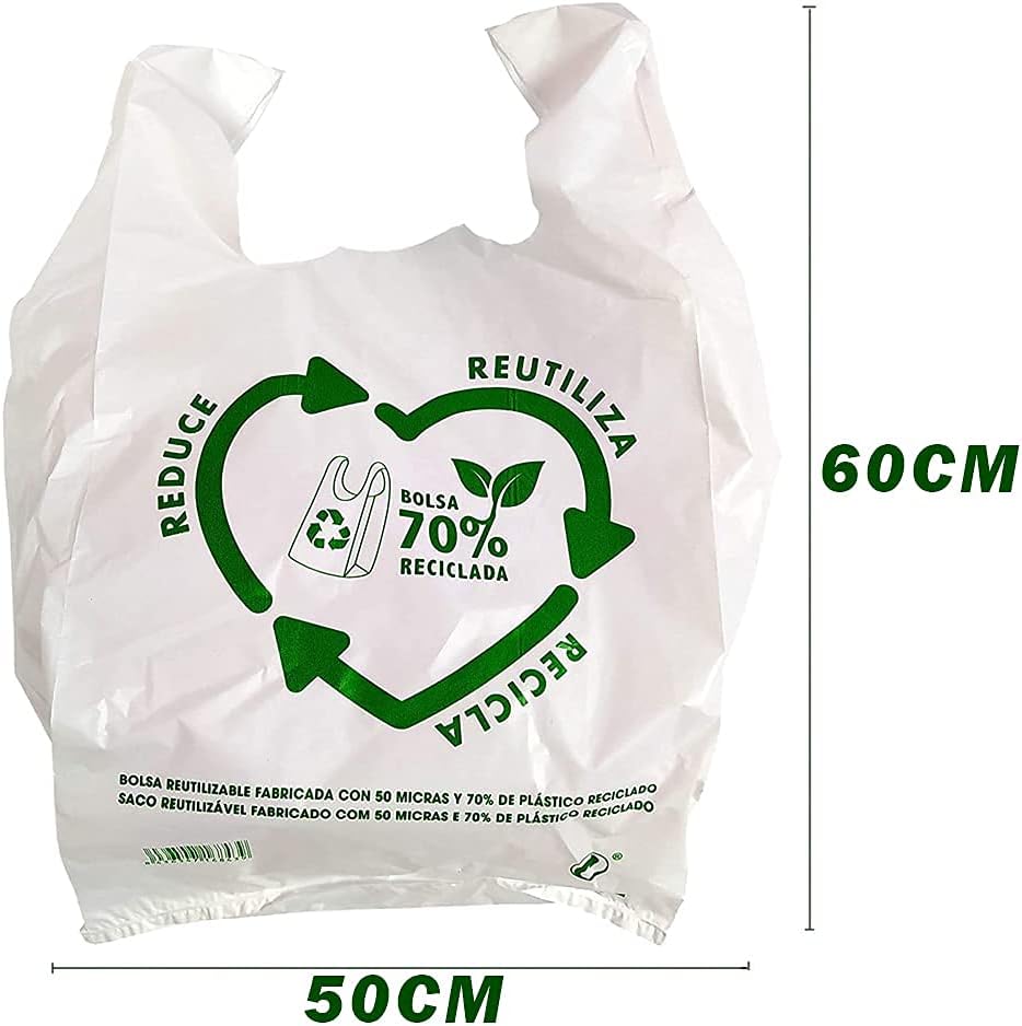 90u Bolsas De Plástico Reciclado, Resistentes, Reutilizables de Galga 200, Cumple Normativas, Aptas Uso Alimentario (50x60cm)