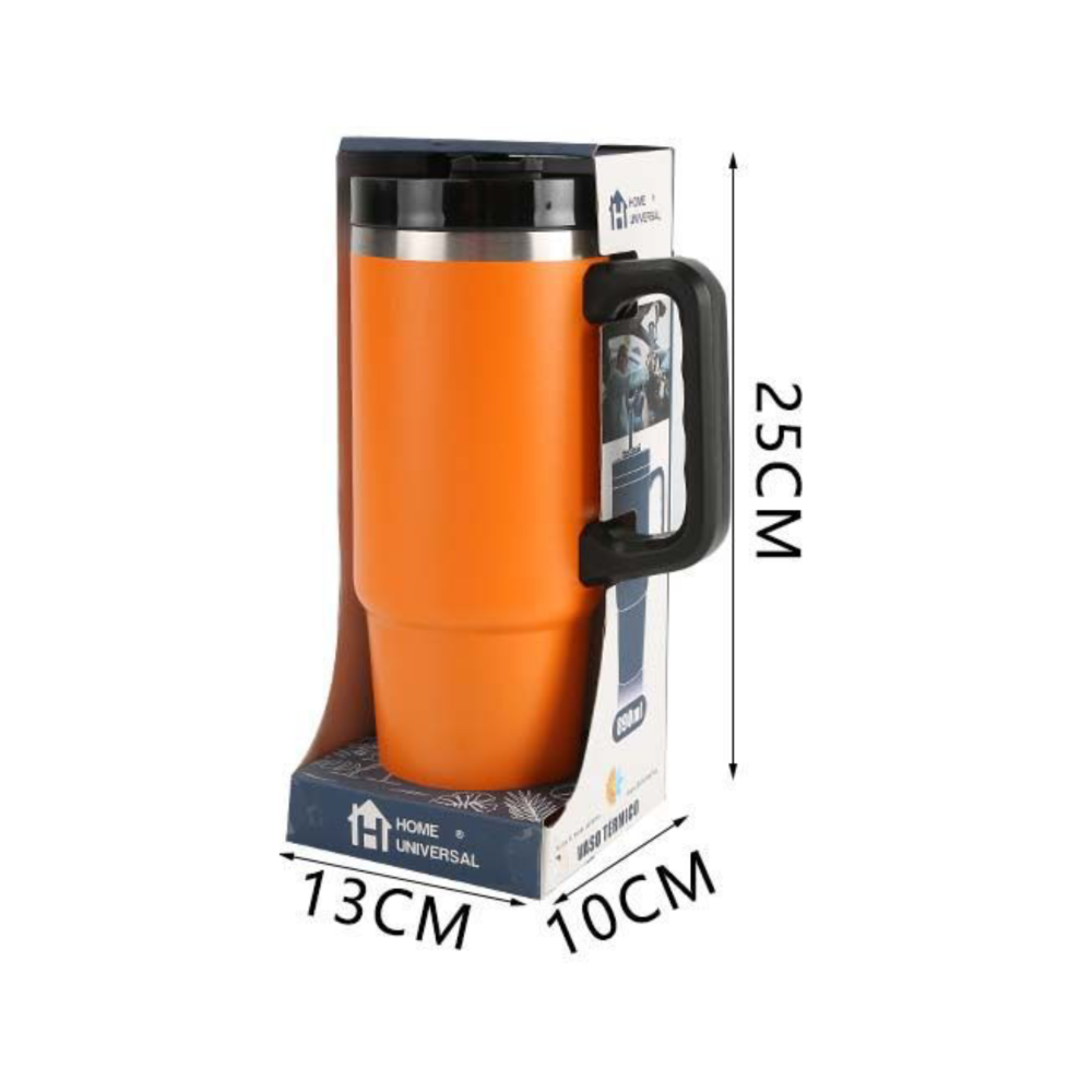 Home Universal® 890ML - Taza de Viaje con Tapa y Pajita para Coche | Taza Térmica de Café con Aislamiento de Doble Pared | Acero Inoxidable (Naranja)