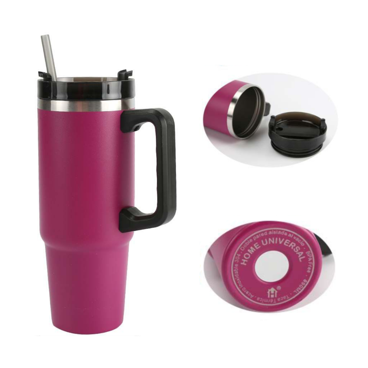 Home Universal® 890ML - Taza de Viaje con Tapa y Pajita para Coche | Taza Térmica de Café con Aislamiento de Doble Pared | Acero Inoxidable (Fuscia)