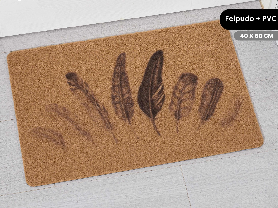 HOME UNIVERSAL | Felpudos de Fibra de Coco con Base Antideslizante 60x40x1.5CM (Plumas_Nuevo_PVC)