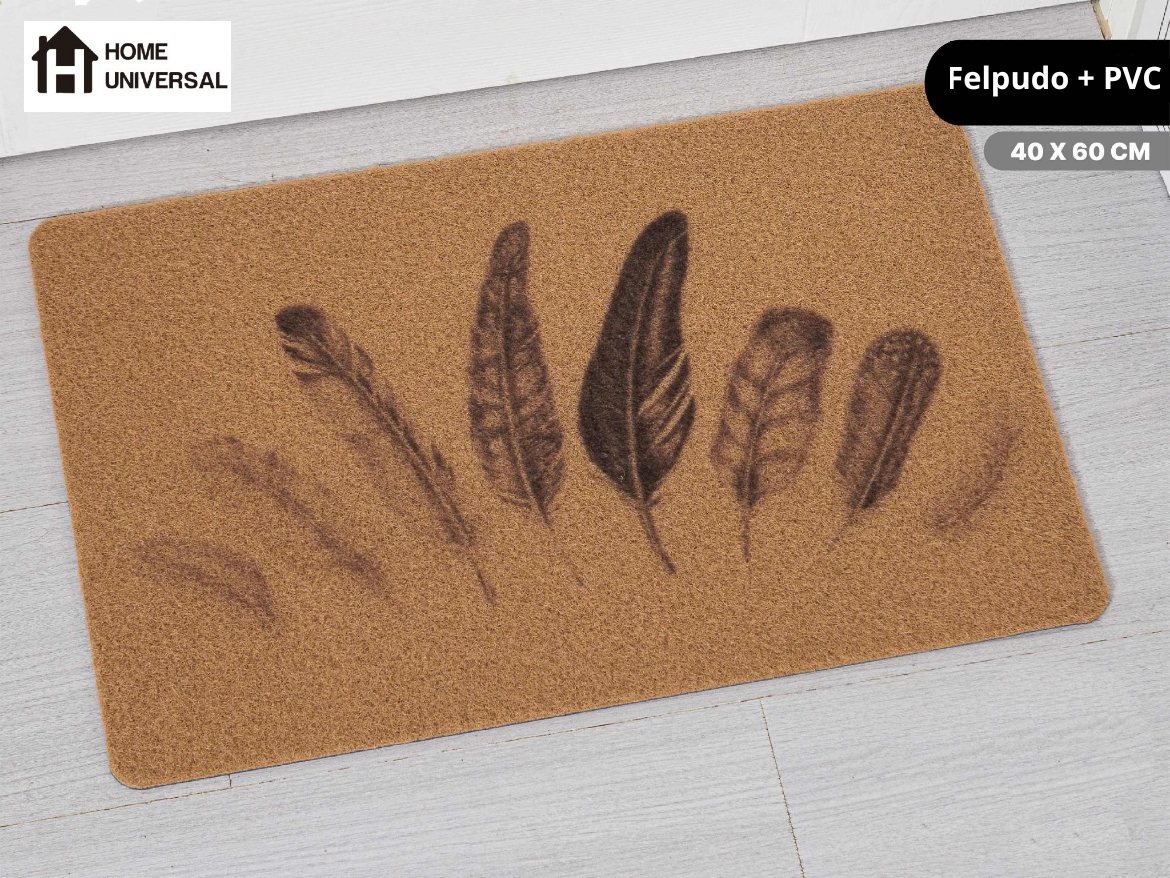 HOME UNIVERSAL | Felpudos de Fibra de Coco con Base Antideslizante 60x40x1.5CM (Plumas_Nuevo_PVC)
