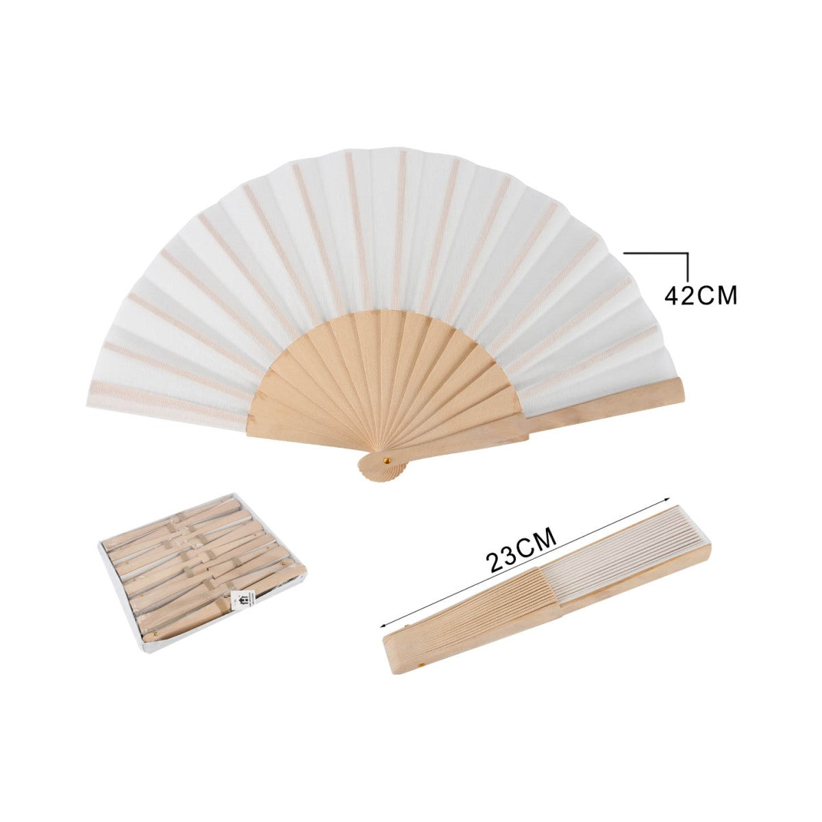 Home Universal ® Pack 12 Unidades Abanicos Madera con Tela Lisa 23cm, Detalles para los Invitados, Regalos de Boda, Fiestas, Comuniones y Otros Eventos (Beige)