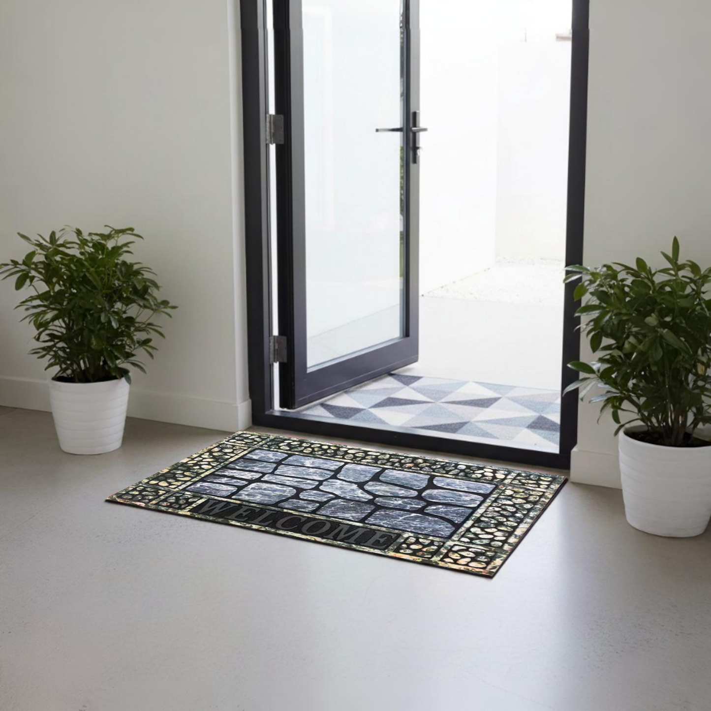 Home Universal® Felpudo de Goma Antideslizante para Exterior y interior – Resistente a Lluvia y Barro, Limpia Zapatos, Alta Durabilidad – Varias Medidas, 40X60CM, WELCOME (Lajas Grises con Marco)