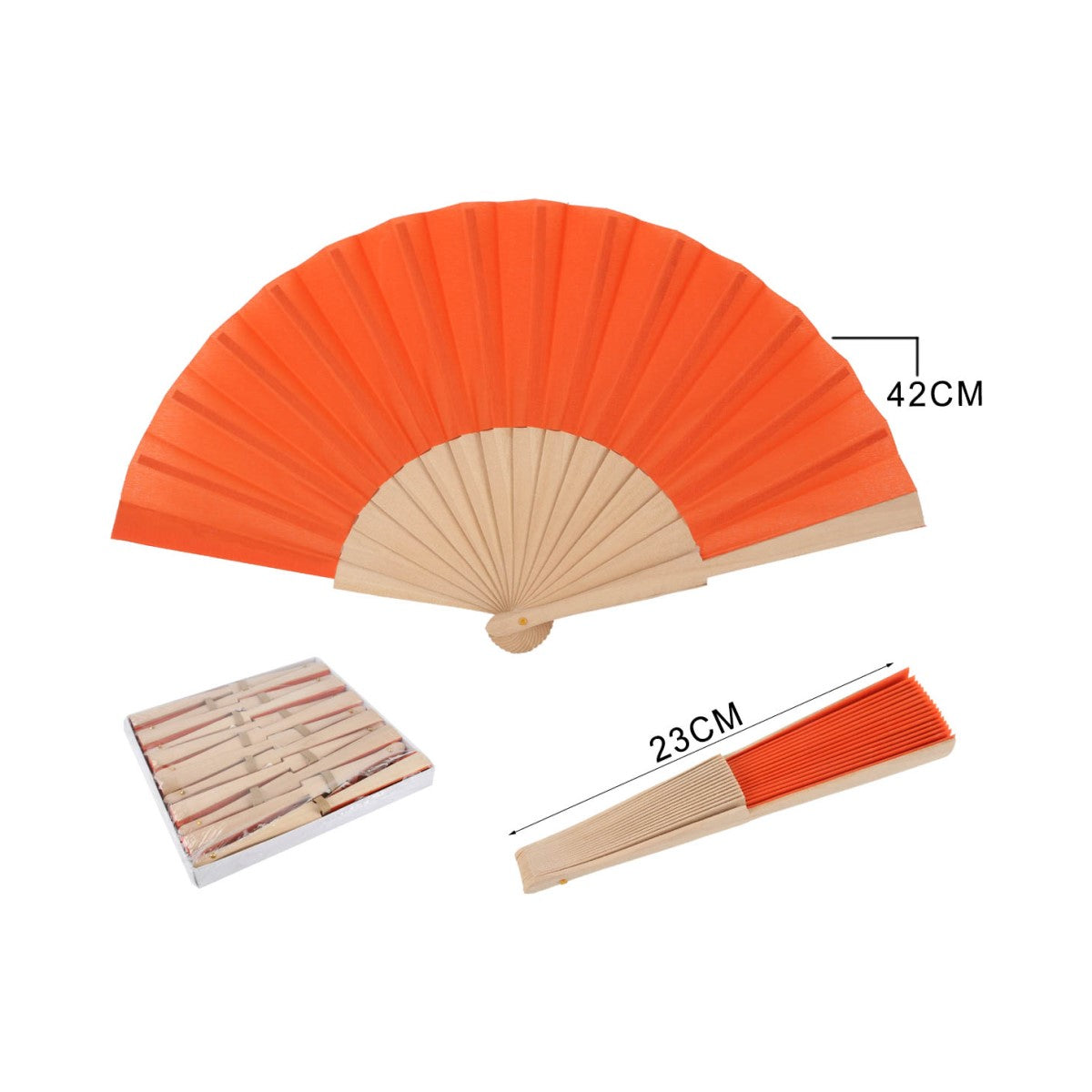 Home Universal ® Pack 12 Unidades Abanicos Madera con Tela Lisa 23cm, Detalles para los Invitados, Regalos de Boda, Fiestas, Comuniones y Otros Eventos (Naranja)