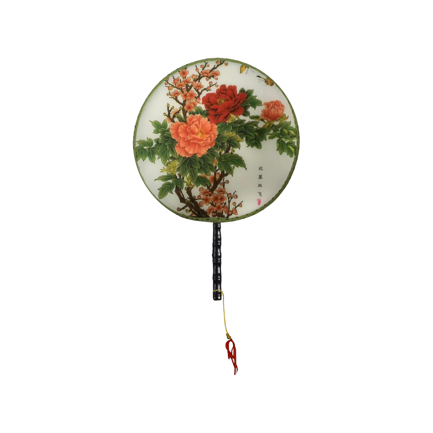 Home Universal® Abanico Redondo Chino - Imprimido de una Sola Cara – Abanico Clásico de Seda Translúcido y Sedoso con Patrón Floral y Mango de Madera – Estilo Oriental Antiguo Decorativo para Hogar o Regalo (Peonías Coral en Flor)