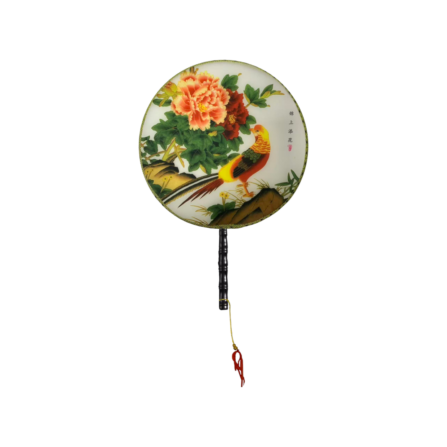 Home Universal® Abanico Redondo Chino - Imprimido de una Sola Cara – Abanico Clásico de Seda Translúcido y Sedoso con Patrón Floral y Mango de Madera – Estilo Oriental Antiguo Decorativo para Hogar o Regalo (Ave Dorada entre Peonías)