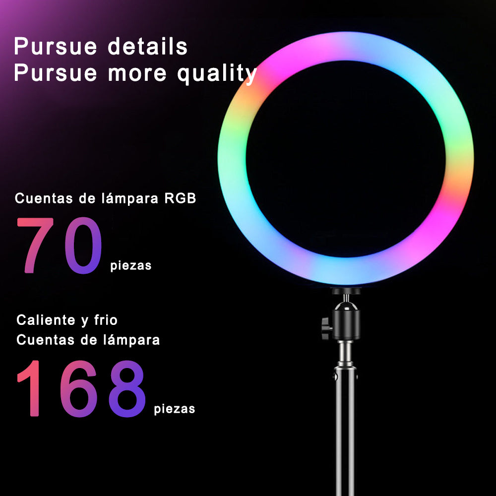 Anillo de Luz RGB LED 20 CM, Aro de Luz con Trípode, Soporte Móvil y 360° para Selfie Maquillaje Fotografia Youtube TIK Tok Videos