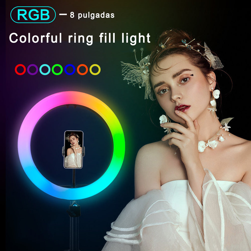 Anillo de Luz RGB LED 20 CM, Aro de Luz con Trípode, Soporte Móvil y 360° para Selfie Maquillaje Fotografia Youtube TIK Tok Videos