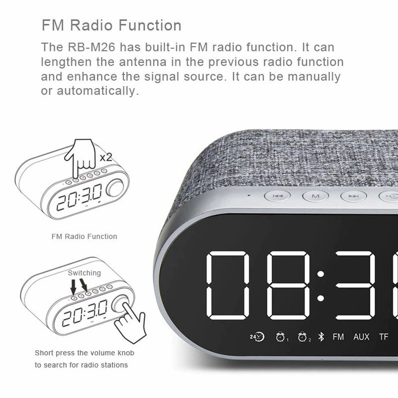 Altavoz Bluetooth RB-M26 Con Reloj Despertador y Radio FM, Altavoz Bluetooth Potente, Mano Libre, Puerto Para AUX/Tarjeta SD
