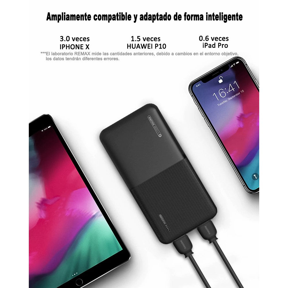 Powerbank REMAX RPP-124 10000mAh con Cable Batería Externa Salida Dual de 5V / 2.1A Carga Rápida para Móviles