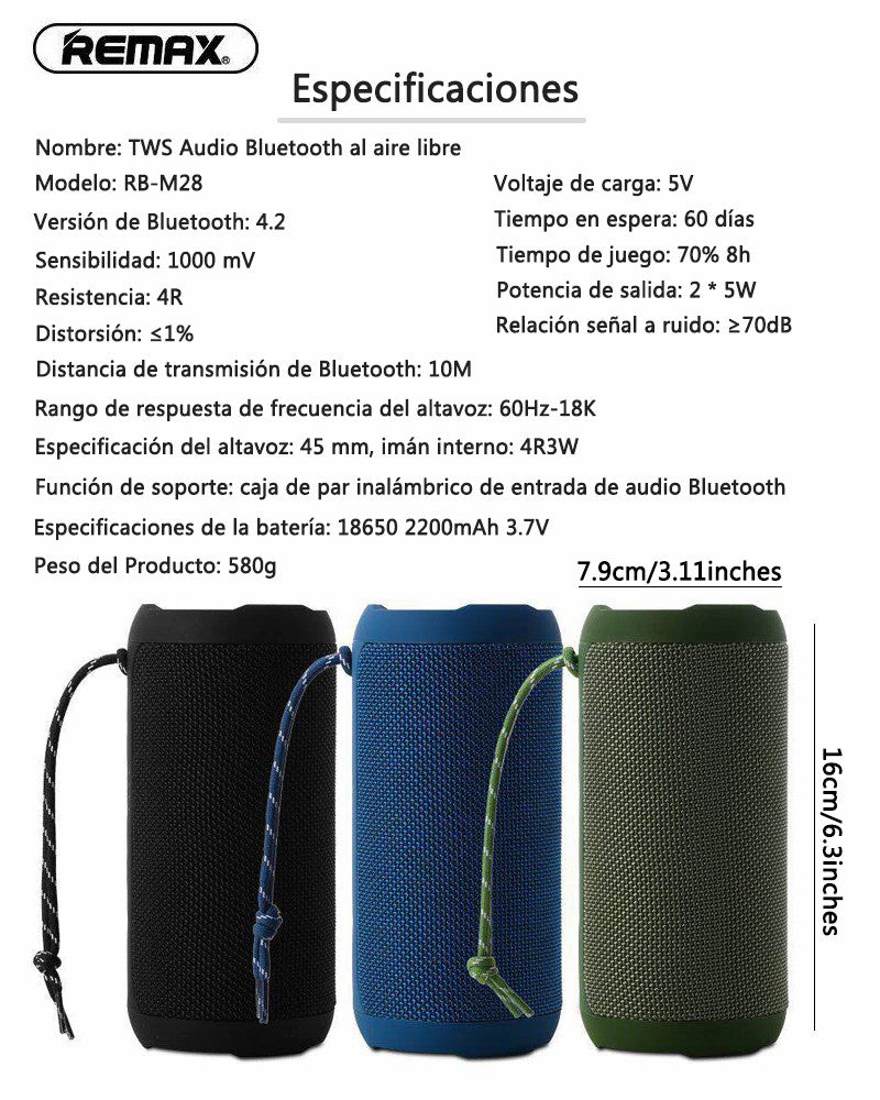 Altavoz Bluetooth de Remax RB-M28, Altavoz Inalámbrico impermeable de IPX6, Sonido estéreo HD Potentes con TWS & Micro Subwoofer