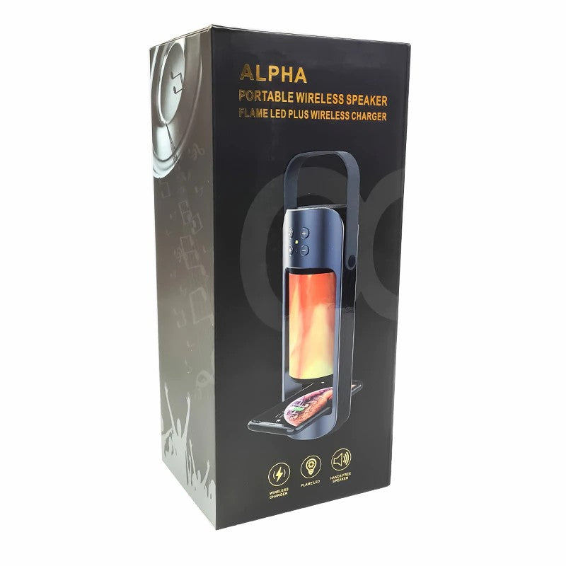 Alpha-Altavoz Bluetooth, Altavoz Portátil, Con Luz LED De Llama, Con Carga Inalámbrica, Mano Libre, Puerto De AUX, Tarjeta SD,USB