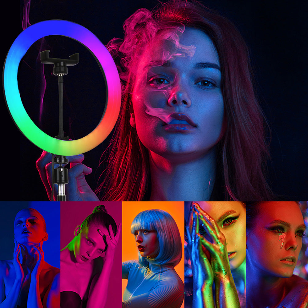 Anillo de Luz RGB LED 20 CM, Aro de Luz con Trípode, Soporte Móvil y 360° para Selfie Maquillaje Fotografia Youtube TIK Tok Videos