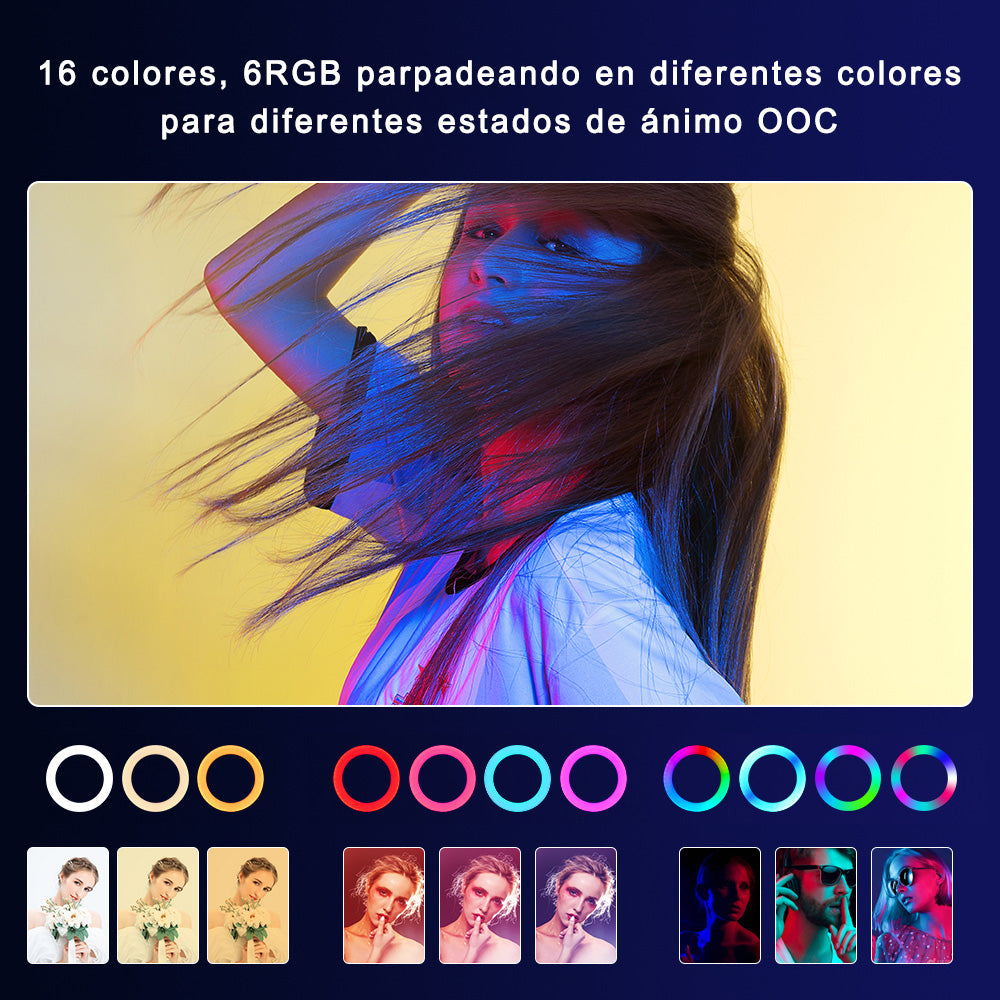 Anillo de Luz RGB LED 20 CM, Aro de Luz con Trípode, Soporte Móvil y 360° para Selfie Maquillaje Fotografia Youtube TIK Tok Videos