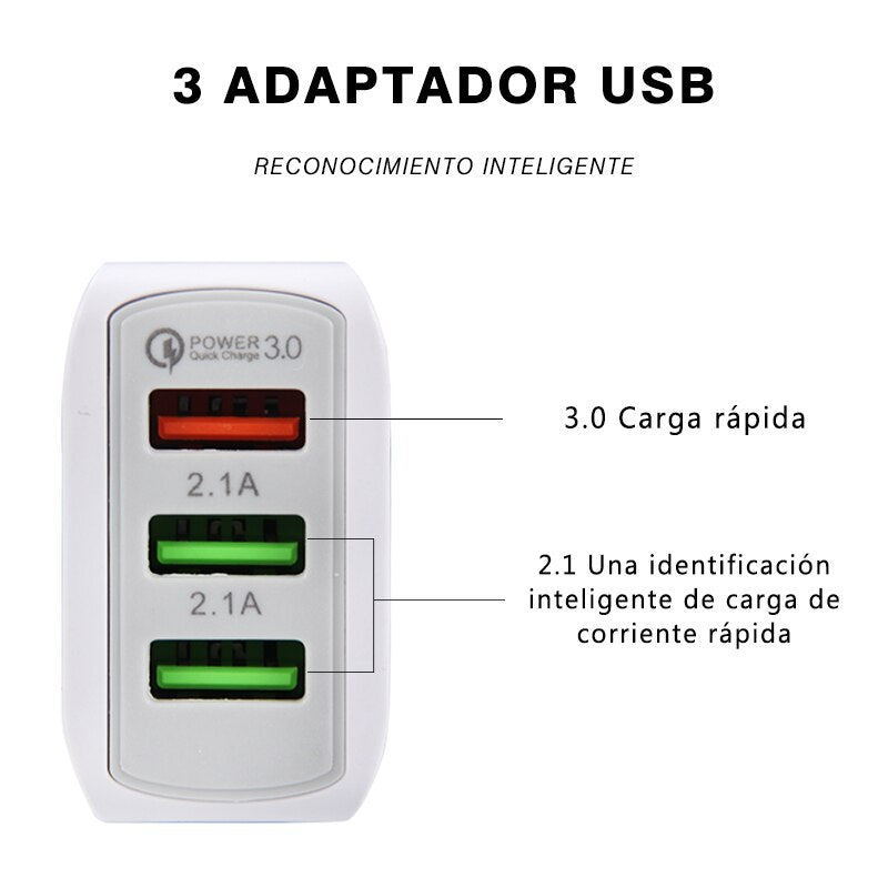 Cargador Móvil Rápido 3.0, 2.1A 5V Universal 3 USB Puertos Corriente Enchufe Móvil para iPhone Samsung Android