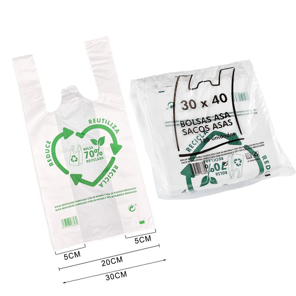 Bolsas De Plástico Tipo Camiseta, Reutilizables y 70% Recicladas, Gran Resistencia, Cumple Normativas, Aptas Uso Alimentario