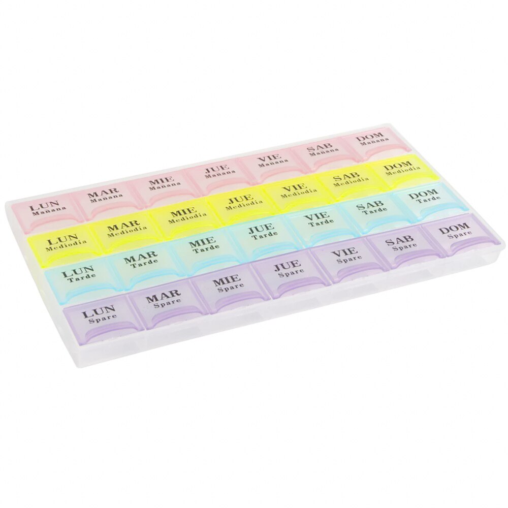 Pastillero Semanal Español, Organizador Medicamentos, Pastillero con cortador, Dosificador de Pastillas, Caja para Pastillas de 7 Días de Toma Diaria Multicolor