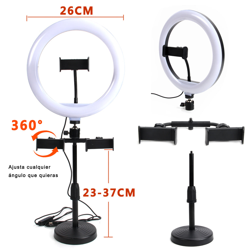 Anillo de Luz LED 10"/26CM fotografia de Escritorio y Soporte para Teléfono, 3 Modos de Luz,soporte para Selfie, Maquillaje, Youtube