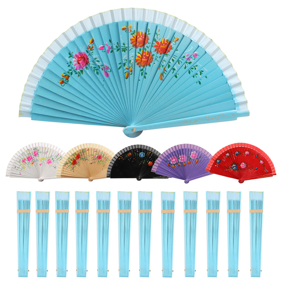 HUSL ABANICOS MADERA 23CM PINTADO UNA CARA, DETALLES PARA LOS INVITADOS, REGALOS DE BODA, FIESTAS, COMUNIÓN O BAUTIZO, ABANICO DE MADERA FLOWER