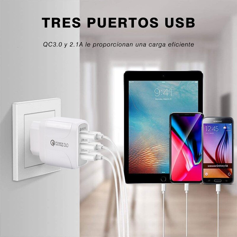 Cargador Móvil Rápido 3.0, 2.1A 5V Universal 3 USB Puertos Corriente Enchufe Móvil para iPhone Samsung Android