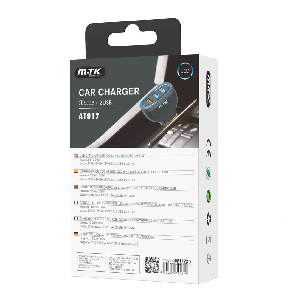 Cargador de Coche con 3 Puertos de USB,QC3.0+2 USB, Cargador Coche de Carga Rápida, Cargador Mechero para Móvil y Tablet