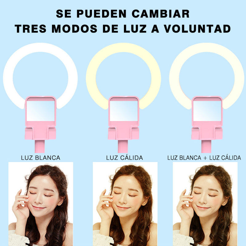 Anillo de Luz LED, Espejo de tocador Portátil, 3 Modos de Color Luces Ajustables Brillo Espejo de maquillaje de escritorio