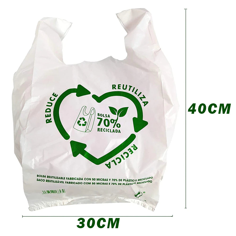 Bolsas De Plástico Tipo Camiseta, Reutilizables y 70% Recicladas, Gran Resistencia, Cumple Normativas, Aptas Uso Alimentario