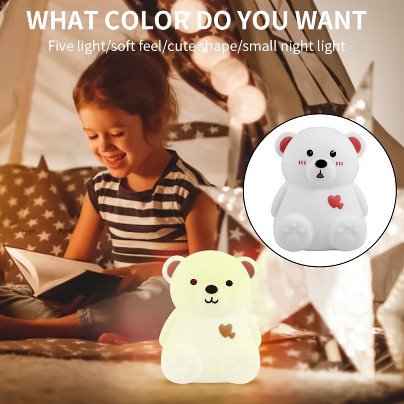 Luz Nocturna Infantil Con Forma De Osito, Hecho De Silicona, Para Niños, Decoración De Habitación,Multicolores,Recargable-800697