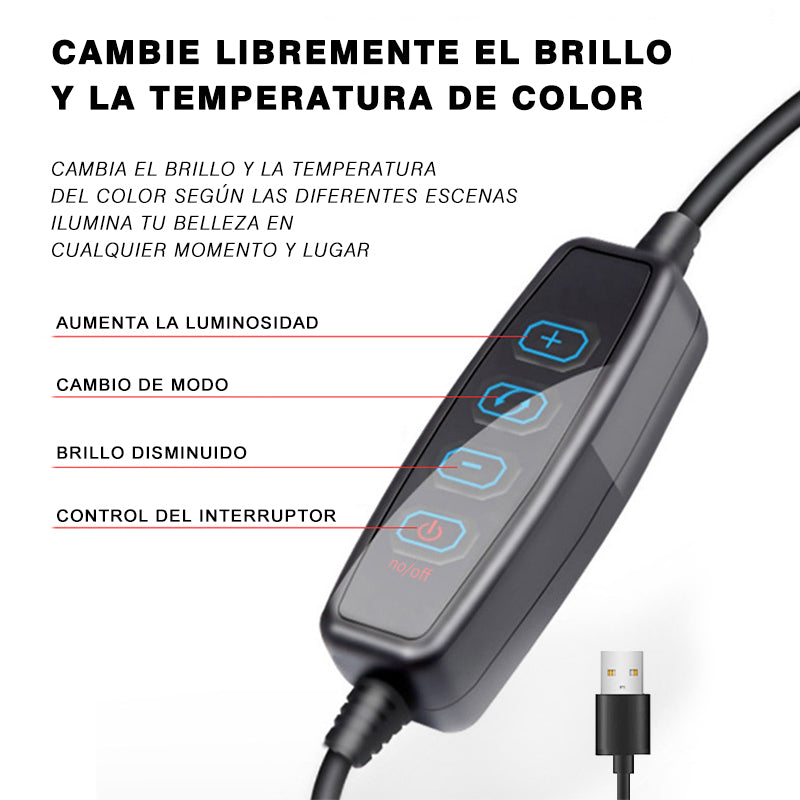 Anillo de Luz LED, Espejo de tocador Portátil, 3 Modos de Color Luces Ajustables Brillo Espejo de maquillaje de escritorio