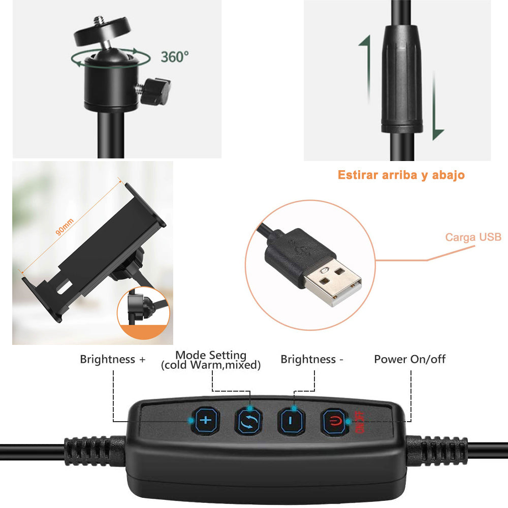 Anillo de Luz LED 10"/26CM fotografia de Escritorio y Soporte para Teléfono, 3 Modos de Luz,soporte para Selfie, Maquillaje, Youtube