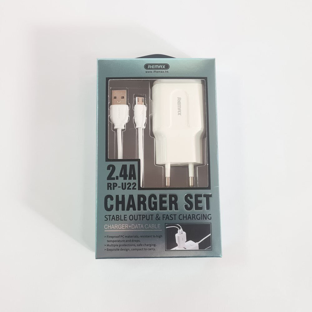 REMAX RP-U22 Cargador de Móvil con 2 Puertos de USB, con Un Cable de Micro USB de 100cm Incluido, 2.4A(MAX)
